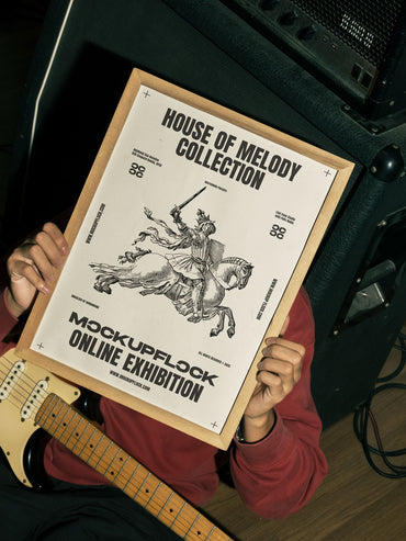Free Realistic Wooden Frame Poster Mockup PSD with Electric Guitar and Amp - MockupFlock
