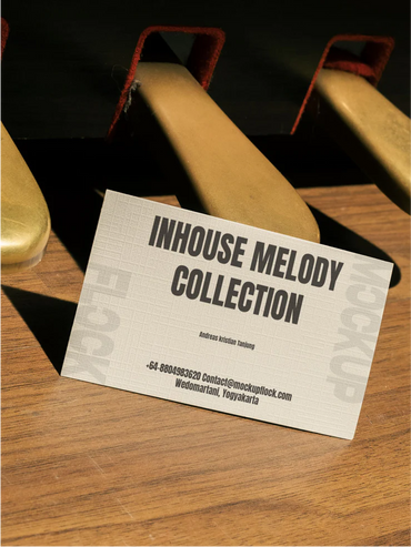 High quality business card mockup leaning on a pedal piano. Aesthetic print mockup created for Adobe Photoshop