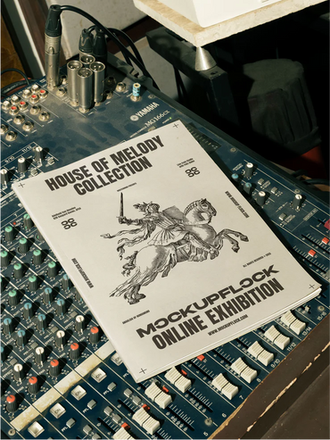 High quality magazine mockup leaning on a analog mixer. Aesthetic print mockup created for Adobe Photoshop