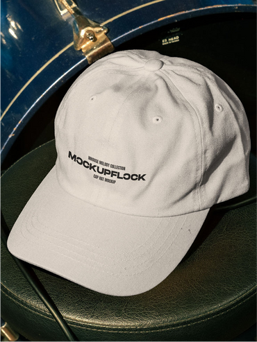 High quality hat mockup leaning on a drum throne. Aesthetic print mockup created for Adobe Photoshop