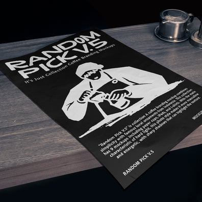 Black A4 paper poster lying flat on a wooden table with a Vietnamese coffee drip and metal stand in the background, dark moody atmosphere for coffee brand poster mockup