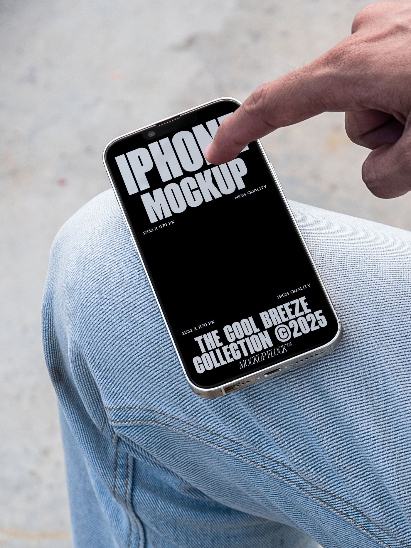 A person is touching an iPhone that says "IPHONE MOCKUP THE COOL BREEZE COLLECTION @2025" in bold white text. Design by Mockup Flock