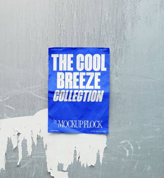 A vertical blue poster mockup on a wall peeling off its paint in natural lighting, revealing a blank white surface with a paper texture. Design by Mockup Flock