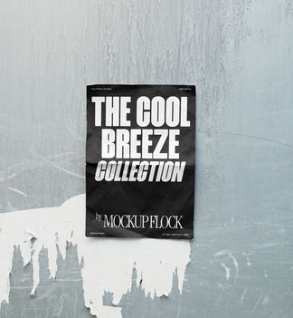 A vertical black poster mockup on a wall peeling off its paint in natural lighting, revealing a blank white surface with a paper texture. Design by Mockup Flock