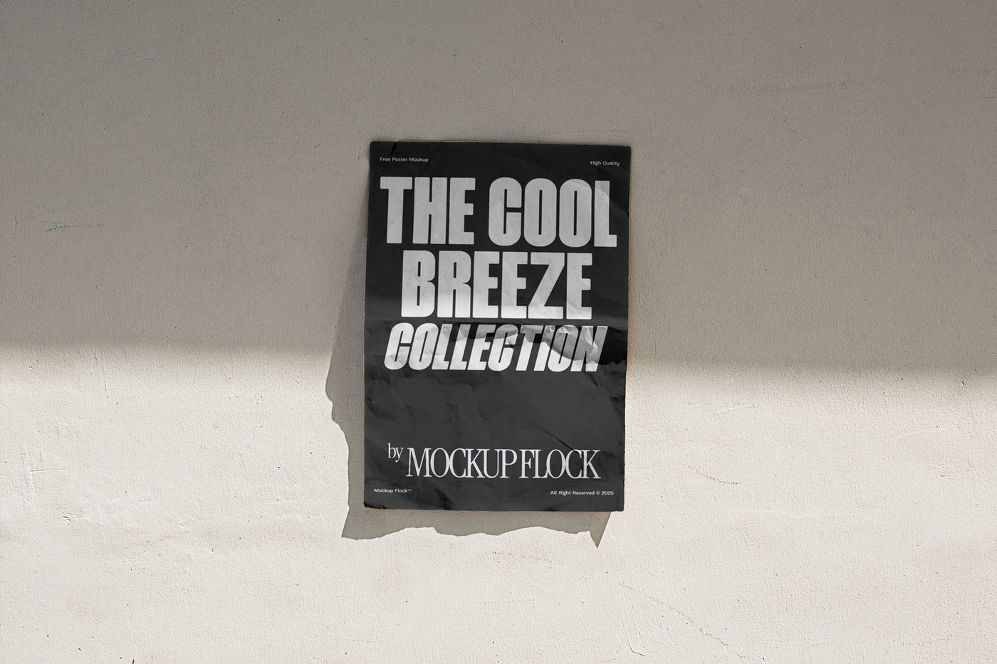 A vertical black poster mockup stick on the wall, with a crumpled paper texture, on a shaded background, on a shaded background. Design by Mockup Flock