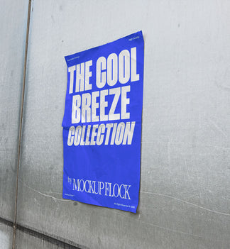 Mockup of a blue vertical poster attached to a wall with a paper texture inside. Design by Mockup Flock