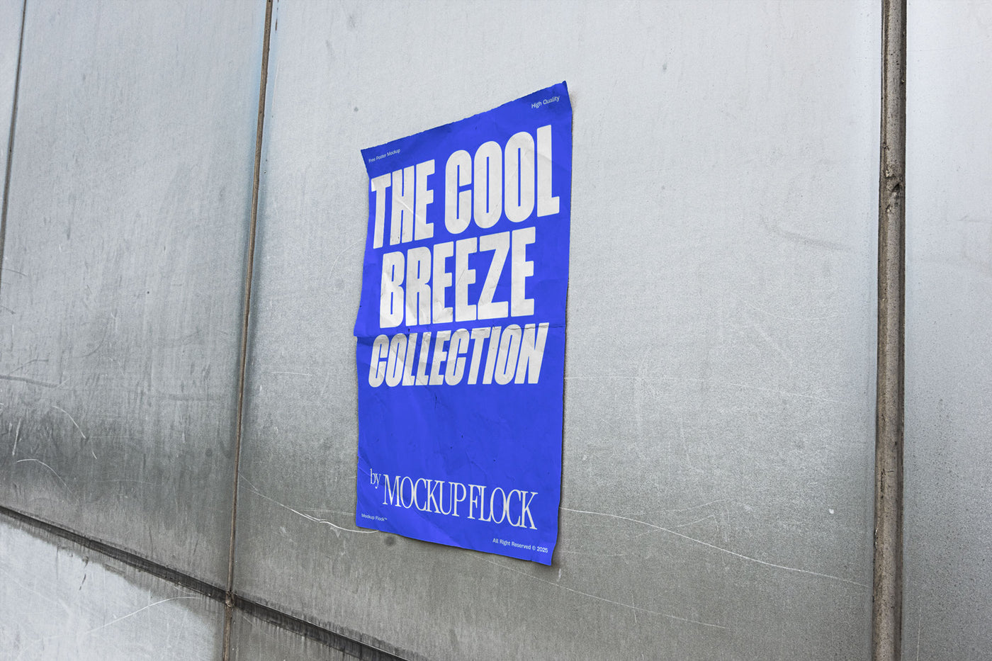 Mockup of a blue vertical poster attached to a wall with a paper texture inside. Design by Mockup Flock