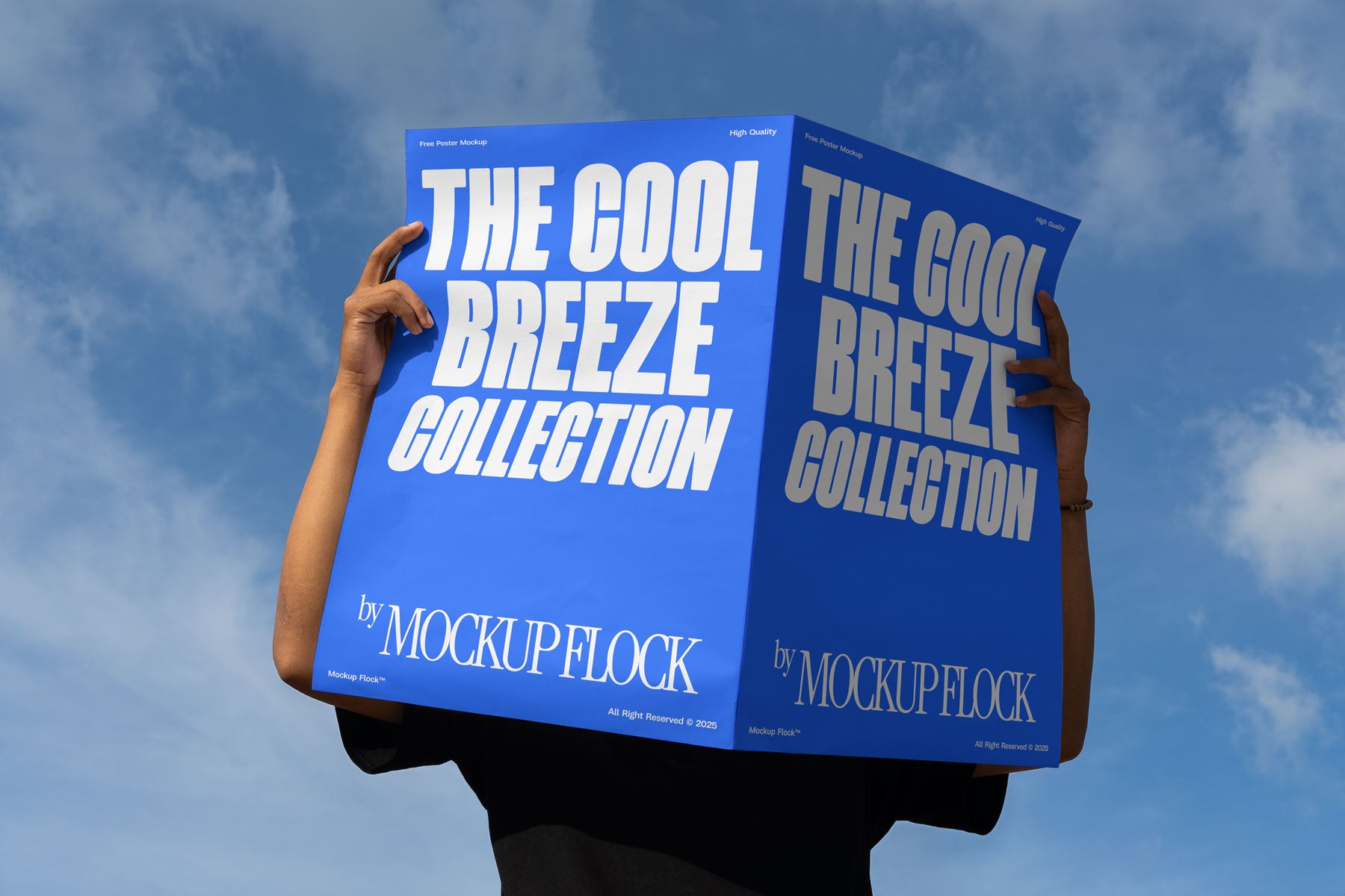 A person holds a poster that says "THE COOL BREEZE COLLECTION BY MOCKUP FLOCK" in bold text, on a blue sky background.
