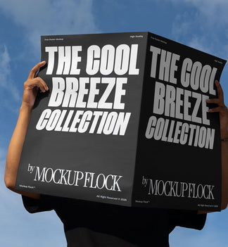 A person holds a poster that says "THE COOL BREEZE COLLECTION BY MOCKUP FLOCK" in bold text, on a blue sky background.