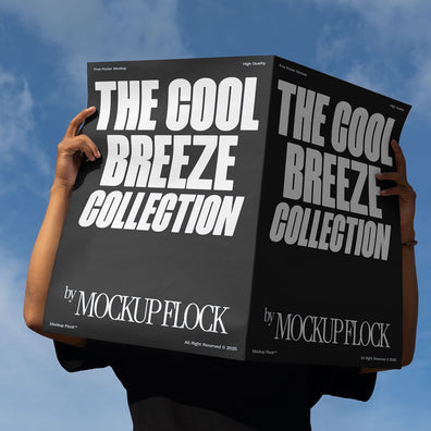 A person holds a poster that says "THE COOL BREEZE COLLECTION BY MOCKUP FLOCK" in bold text, on a blue sky background.