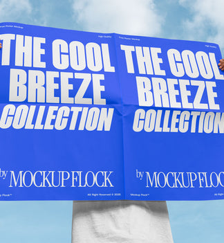 A person holds a poster that says "THE COOL BREEZE COLLECTION BY MOCKUP FLOCK" in bold text, on a blue sky background.