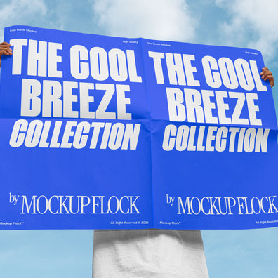 A person holds a poster that says "THE COOL BREEZE COLLECTION BY MOCKUP FLOCK" in bold text, on a blue sky background.