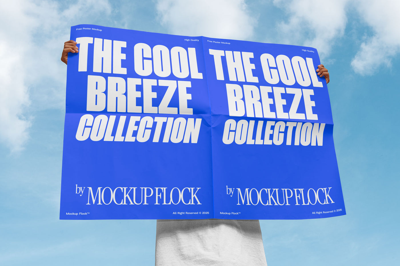 A person holds a poster that says "THE COOL BREEZE COLLECTION BY MOCKUP FLOCK" in bold text, on a blue sky background.