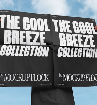 A person holds a poster that says "THE COOL BREEZE COLLECTION BY MOCKUP FLOCK" in bold text, on a blue sky background.
