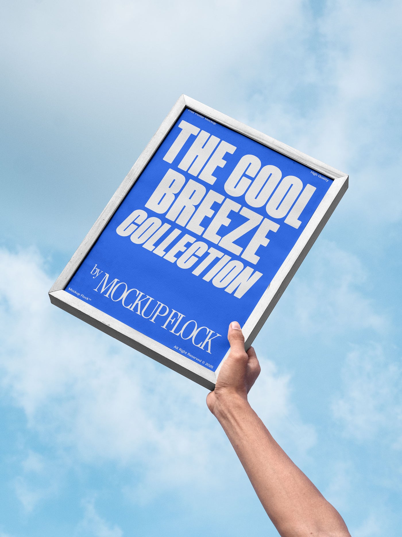 A person holds a poster that says "THE COOL BREEZE COLLECTION BY MOCKUP FLOCK" in bold text, on a blue sky background.