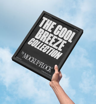 A person holds a poster that says "THE COOL BREEZE COLLECTION BY MOCKUP FLOCK" in bold text, on a blue sky background.