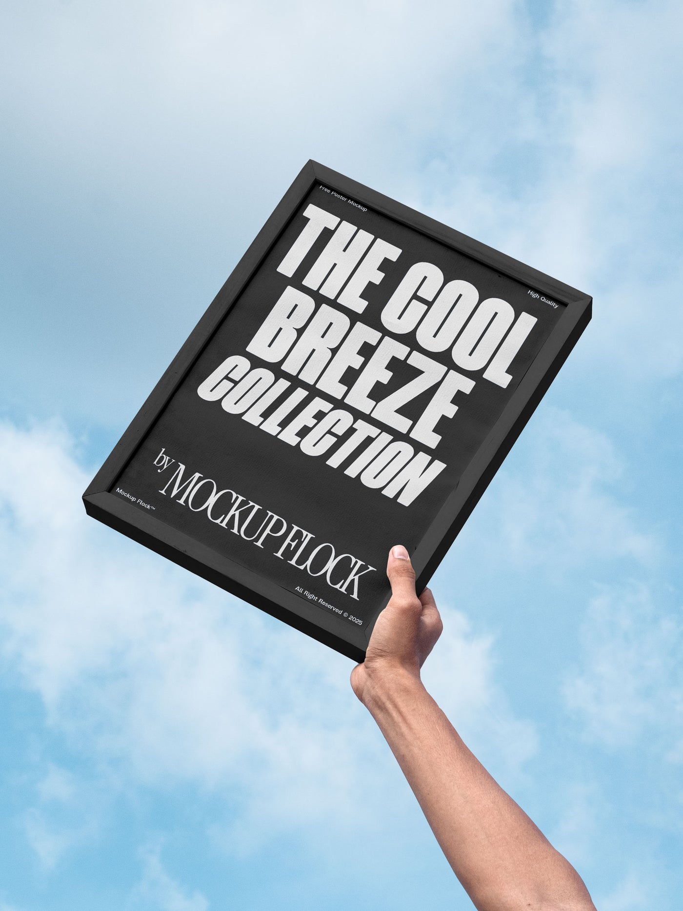 A person holds a poster that says "THE COOL BREEZE COLLECTION BY MOCKUP FLOCK" in bold text, on a blue sky background.