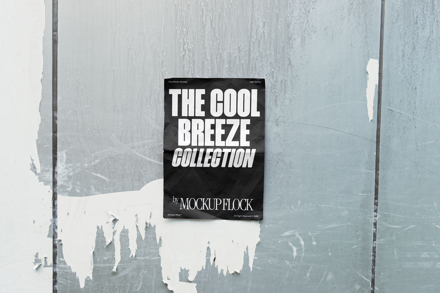 A vertical black poster mockup on a wall peeling off its paint in natural lighting, revealing a blank white surface with a paper texture. Design by Mockup Flock