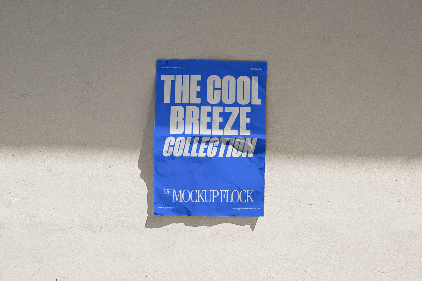 A vertical blue poster mockup stick on the wall, with a crumpled paper texture, on a shaded background, on a shaded background. Design by Mockup Flock