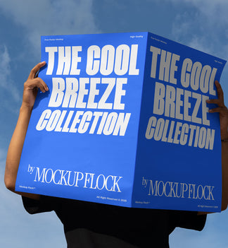 A person holds a poster that says "THE COOL BREEZE COLLECTION BY MOCKUP FLOCK" in bold text, on a blue sky background.