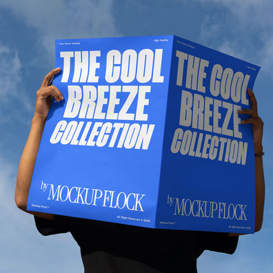 A person holds a poster that says "THE COOL BREEZE COLLECTION BY MOCKUP FLOCK" in bold text, on a blue sky background.