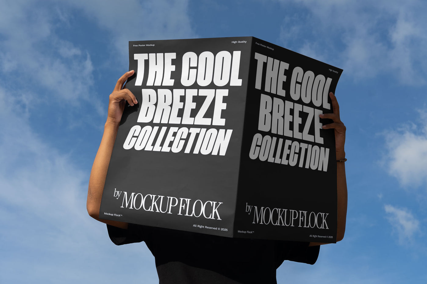 A person holds a poster that says "THE COOL BREEZE COLLECTION BY MOCKUP FLOCK" in bold text, on a blue sky background.