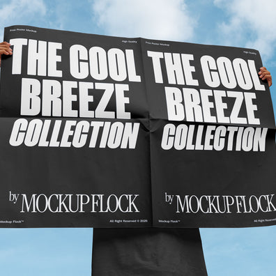 A person holds a poster that says "THE COOL BREEZE COLLECTION BY MOCKUP FLOCK" in bold text, on a blue sky background.