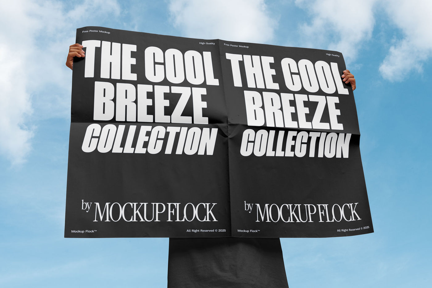 A person holds a poster that says "THE COOL BREEZE COLLECTION BY MOCKUP FLOCK" in bold text, on a blue sky background.