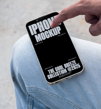 A person is touching an iPhone that says "IPHONE MOCKUP THE COOL BREEZE COLLECTION @2025" in bold white text. Design by Mockup Flock