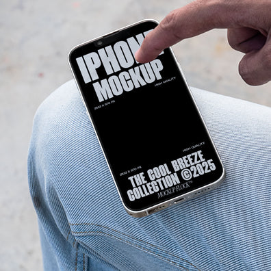 A person is touching an iPhone that says "IPHONE MOCKUP THE COOL BREEZE COLLECTION @2025" in bold white text. Design by Mockup Flock
