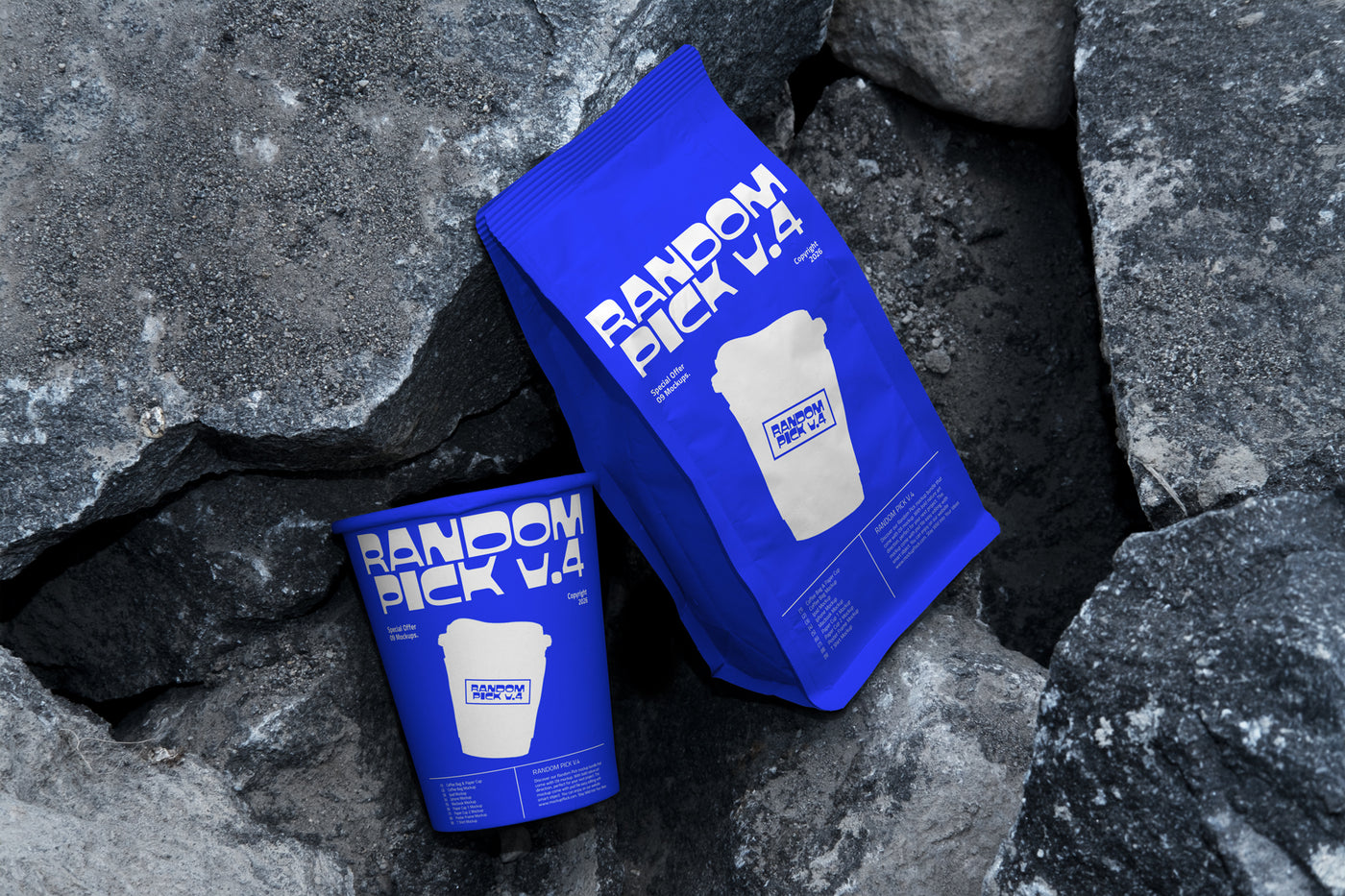 Modern cup mockup and coffee bag mockup packaging on a rocky surface. made by mockup flock