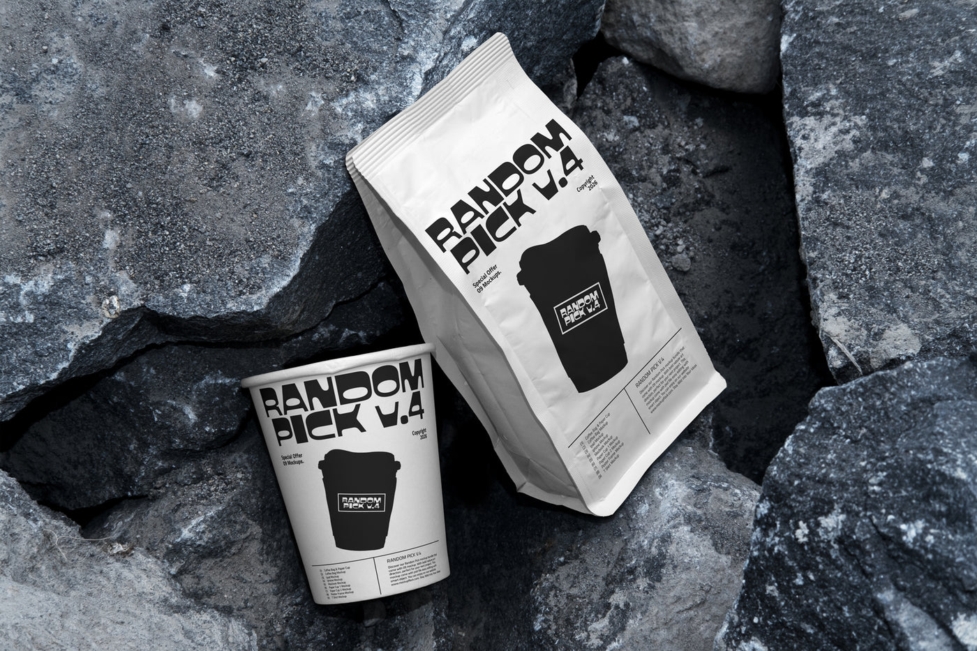 Modern cup mockup and coffee bag mockup packages on a rocky surface. made by mockup flock