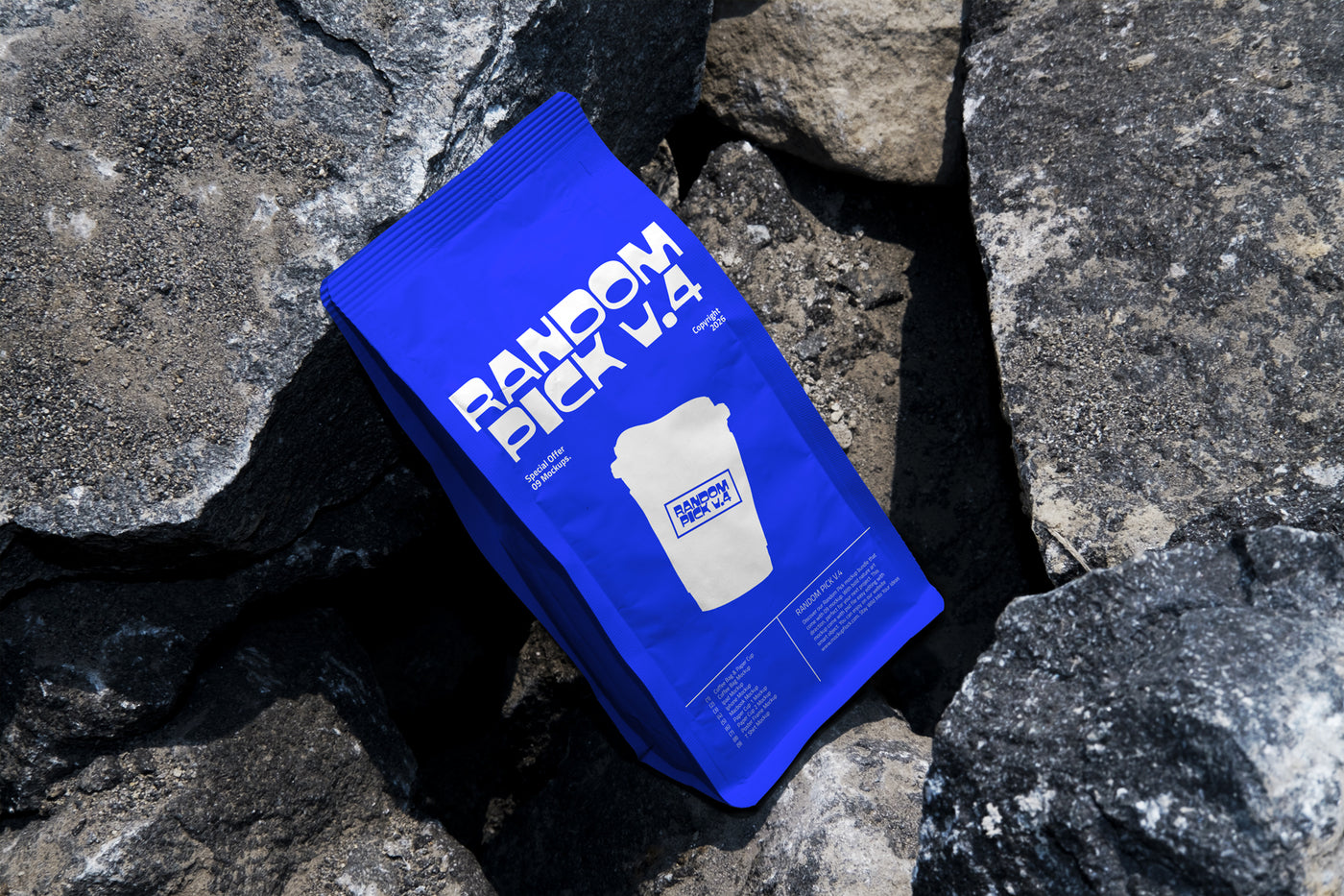 Modern coffee bag mockup packages on a rocky surface. made by mockup flock