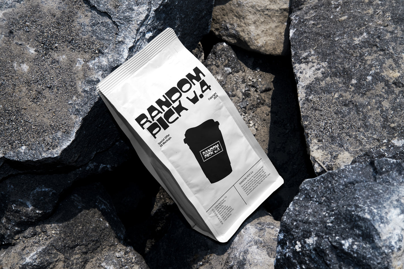 Modern coffee bag mockup packages on a rocky surface. made by mockup flock