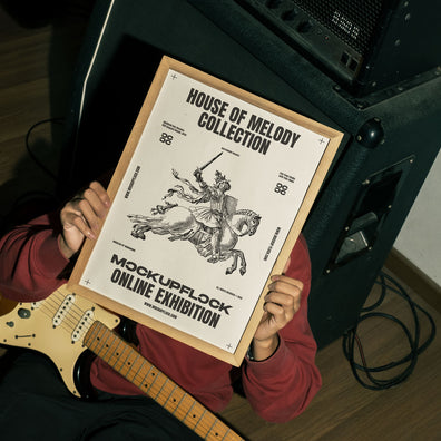 Free Realistic Wooden Frame Poster Mockup PSD with Electric Guitar and Amp - MockupFlock