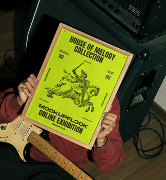 Free Realistic Wooden Frame Poster Mockup PSD with Electric Guitar and Amp - MockupFlock