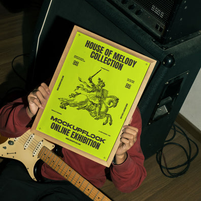 Free Realistic Wooden Frame Poster Mockup PSD with Electric Guitar and Amp - MockupFlock