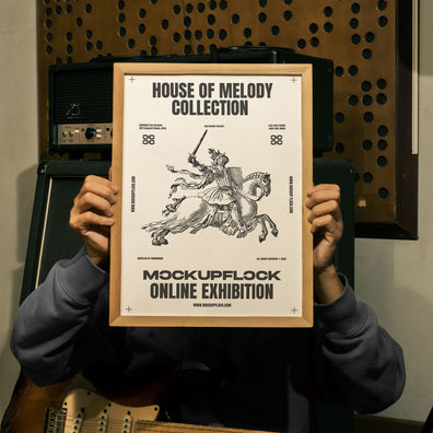 Free Wooden Frame Poster Mockup PSD held by person in Music Studio with Guitar and Amp - MockupFlock