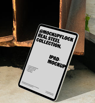 Free iPad Mockup leaning on Rusty Steel Beam - Real Steel Collection MockupFlock