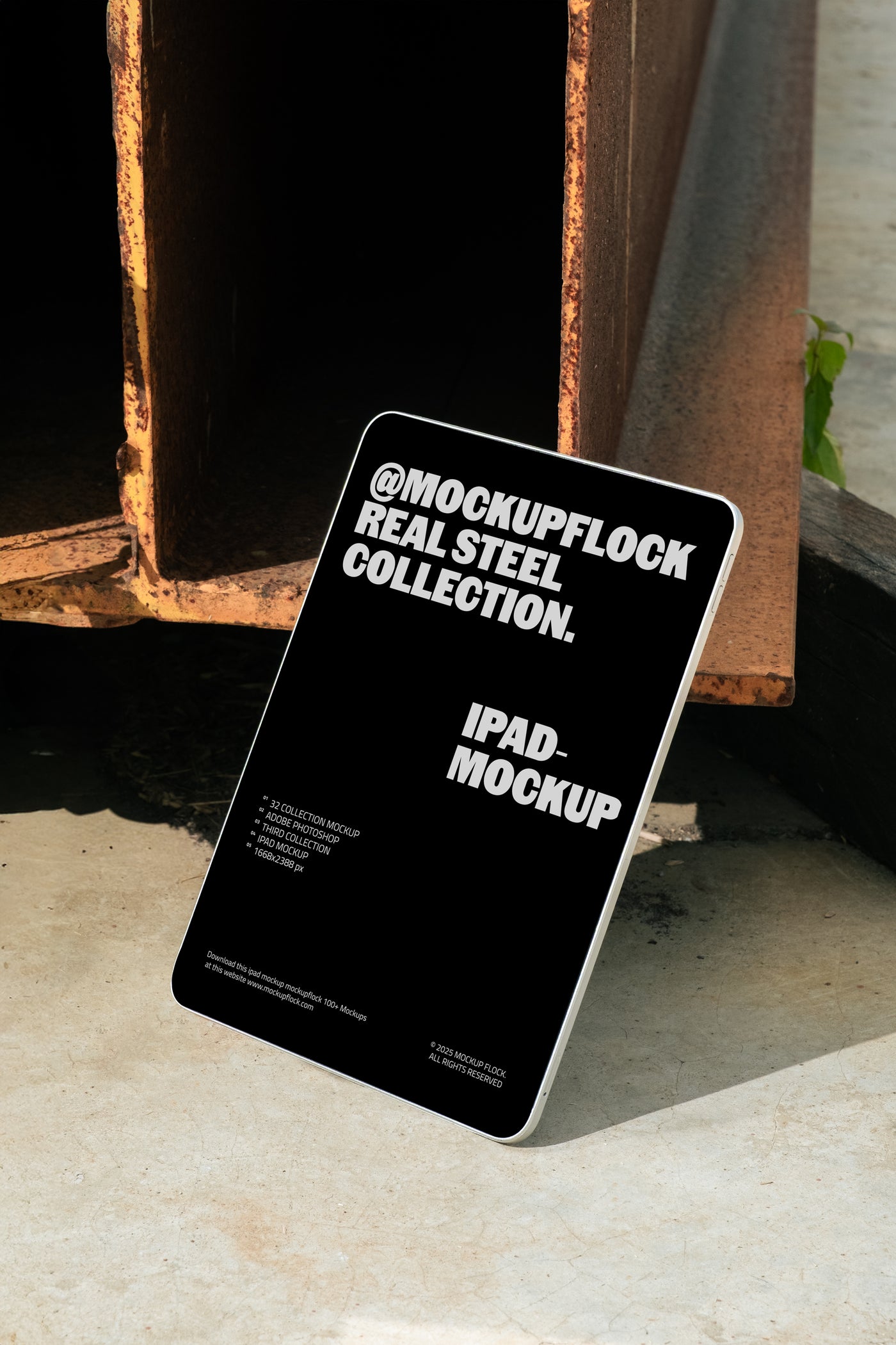 Free iPad Mockup leaning on Rusty Steel Beam - Real Steel Collection MockupFlock