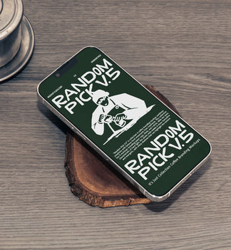 Green iPhone lying flat at an angle on a wood slice next to a Vietnamese coffee drip filter on a rustic wooden table, dark moody flat lay phone mockup for cafe branding