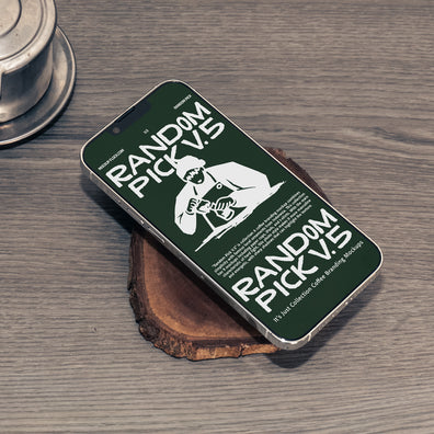 Green iPhone lying flat at an angle on a wood slice next to a Vietnamese coffee drip filter on a rustic wooden table, dark moody flat lay phone mockup for cafe branding