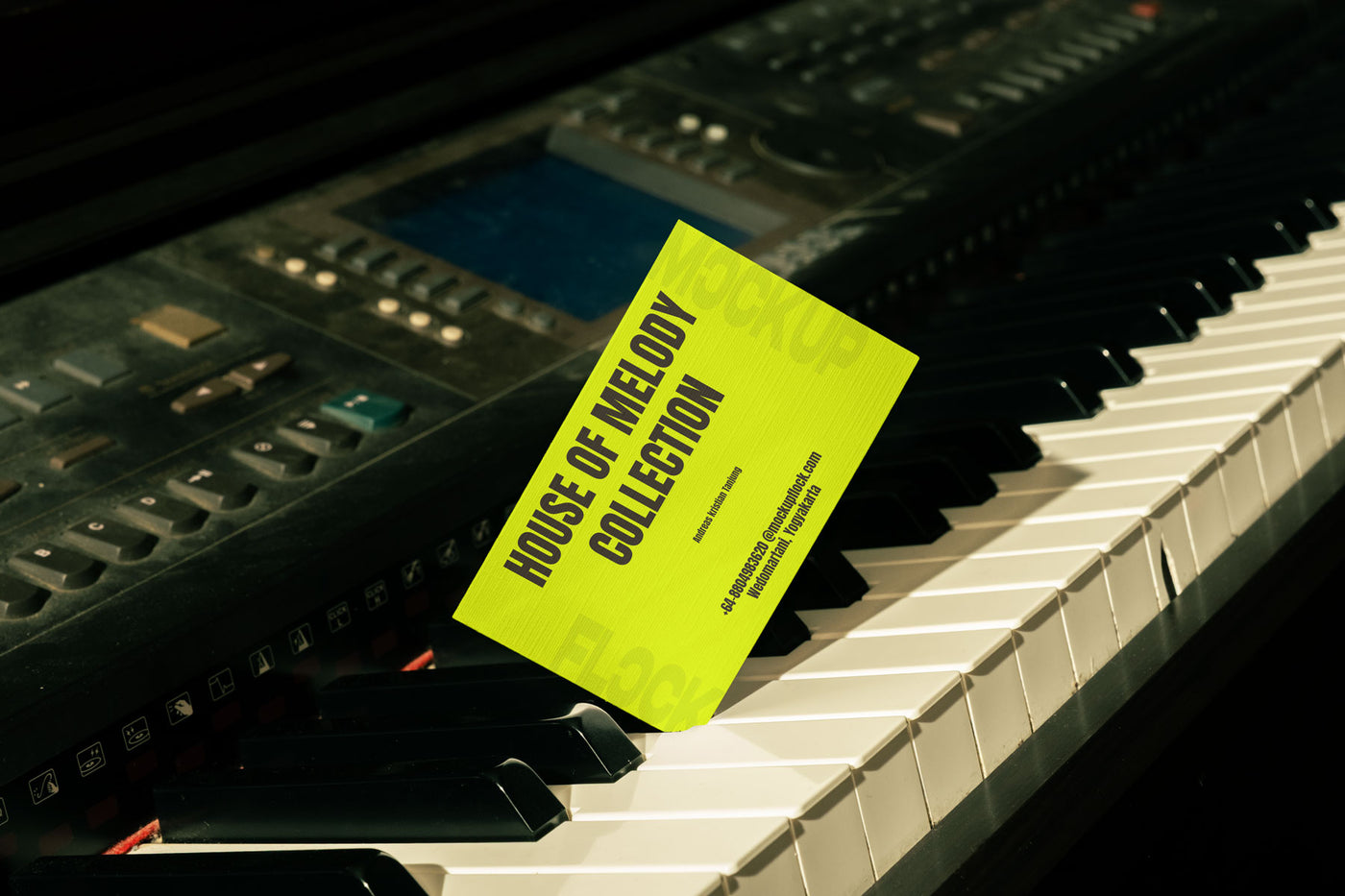 High quality business card mockup leaning on a piano. Aesthetic print mockup created for Adobe Photoshop