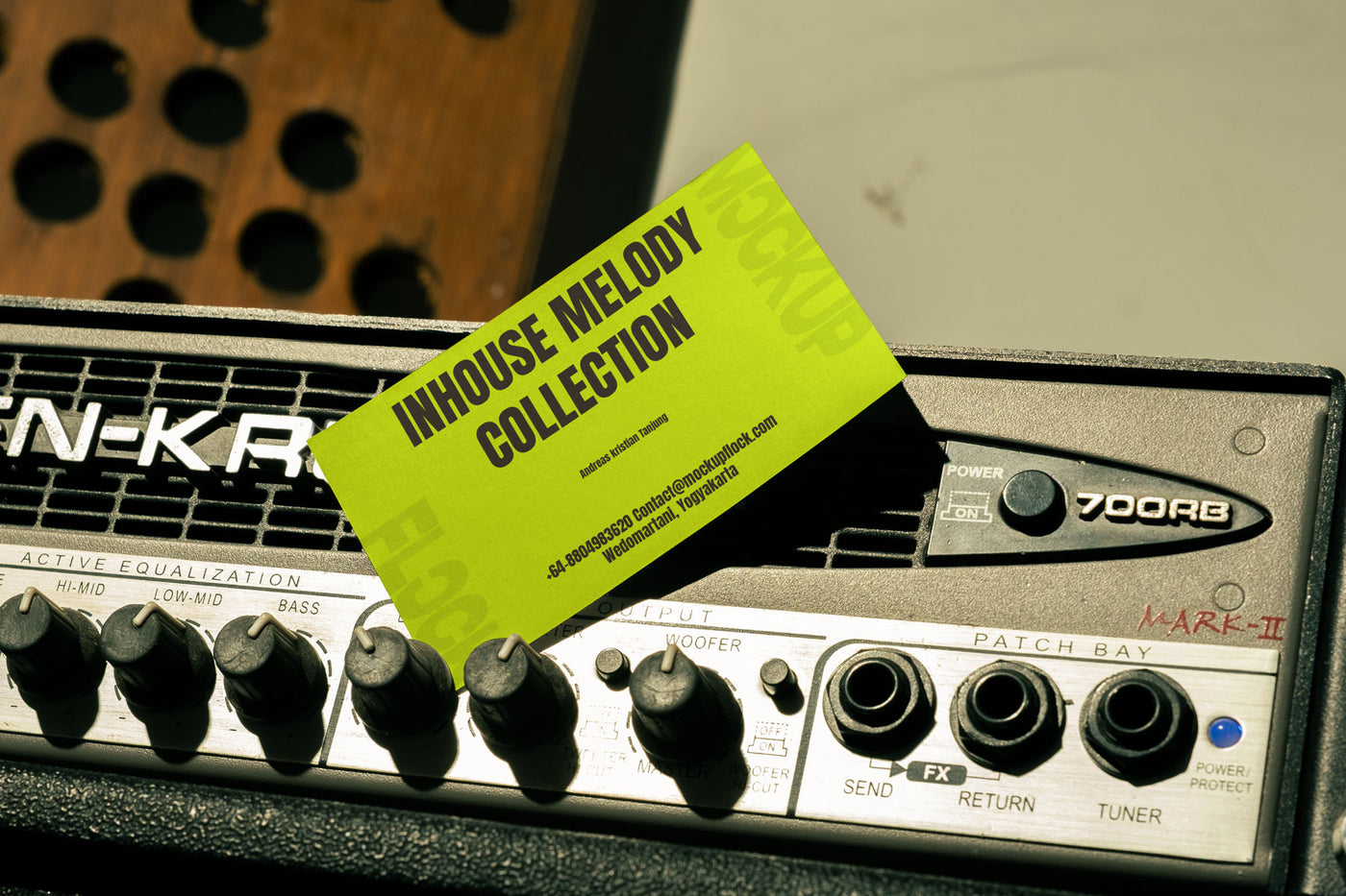 High quality business card mockup leaning on a equalizer . Aesthetic print mockup created for Adobe Photoshop