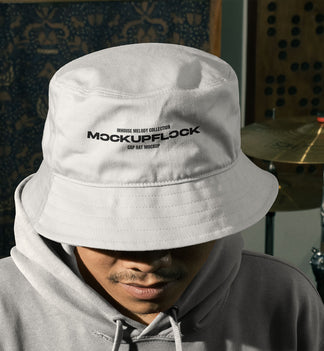 High quality bucket hat mockup of someone wearing a bucket and hoodie in a music studio. Aesthetic print mockup created for Adobe Photoshop