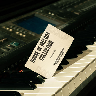 High quality business card mockup leaning on a piano. Aesthetic print mockup created for Adobe Photoshop