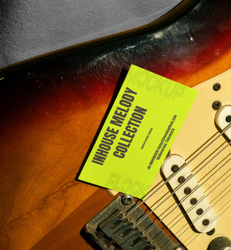 High quality business card mockup leaning on a electric guitar. Aesthetic print mockup created for Adobe Photoshop
