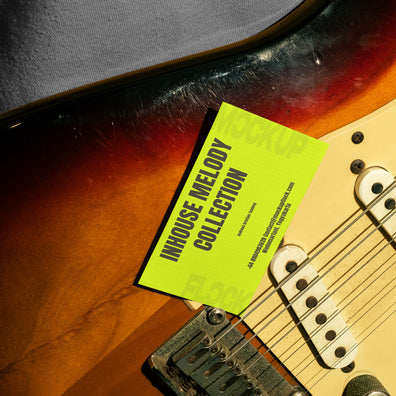 High quality business card mockup leaning on a electric guitar. Aesthetic print mockup created for Adobe Photoshop