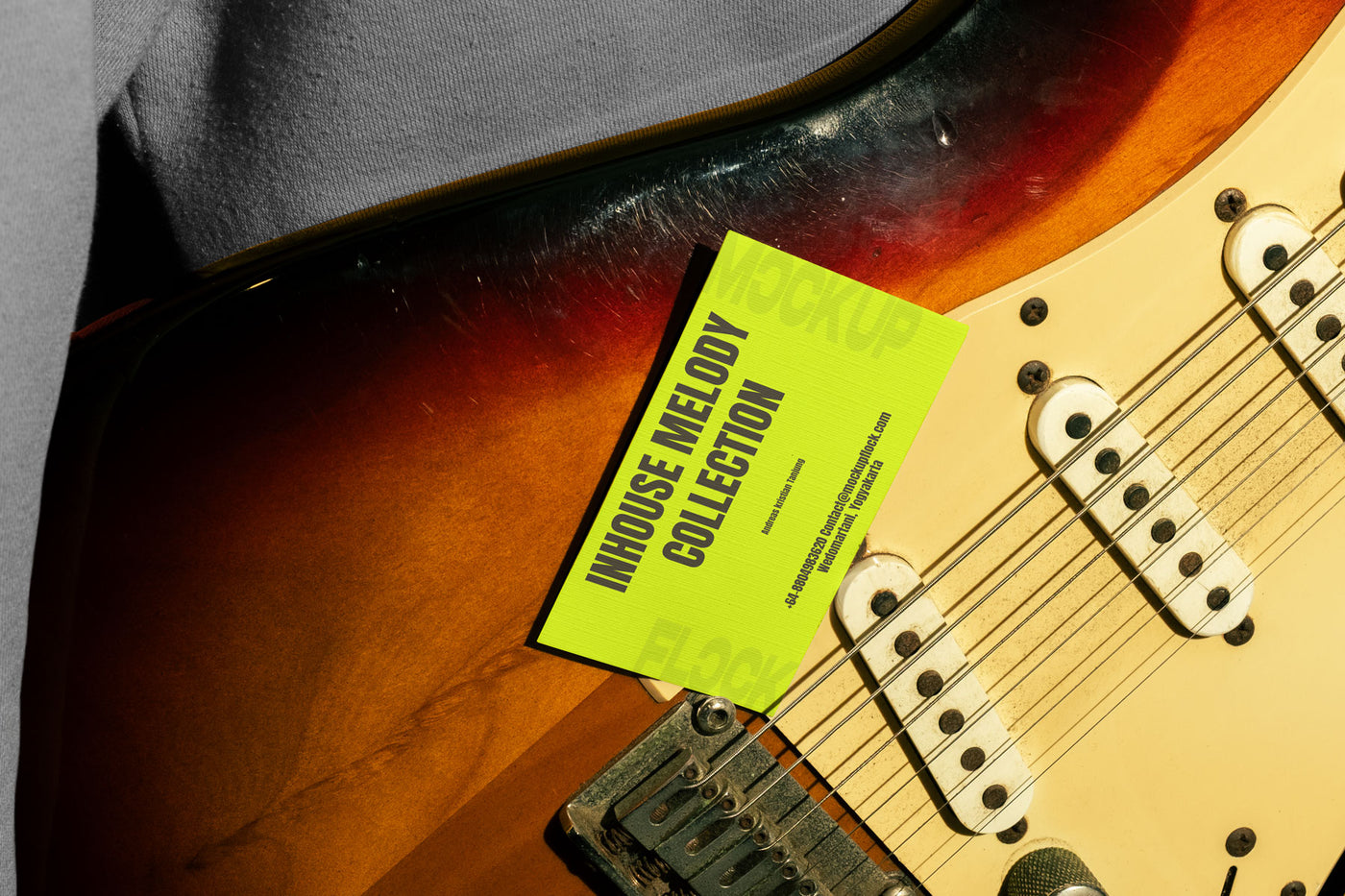 High quality business card mockup leaning on a electric guitar. Aesthetic print mockup created for Adobe Photoshop