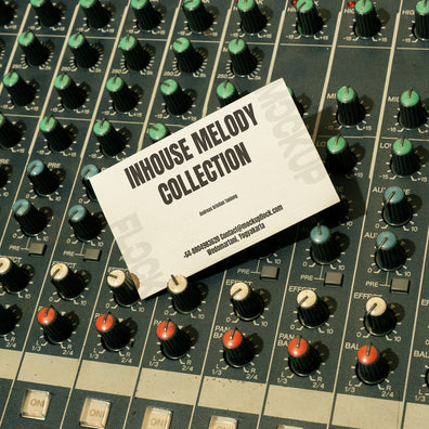 High quality business card mockup leaning on a analog mixer. Aesthetic print mockup created for Adobe Photoshop